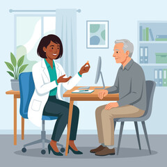 Fototapeta premium Doctor Consults Senior Patient in Medical Office, Holding Pill Bottle