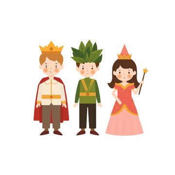 Cartoon characters of prince, king, and princess in royal attire with crown and scepter, representing fantasy and fairytale themes