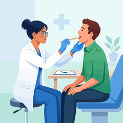 Fototapeta premium Doctor examining patient's throat with tongue depressor in a flat, modern illustration style.