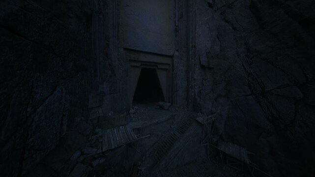 Collapsed mine shaft opening into void, broken rails and timber supports, rusted metal and damp rubble, dripping water and distant echo create claustrophobic