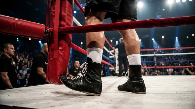 Boxer standing in ring corner before match. Athlete waiting for fight in sports arena.