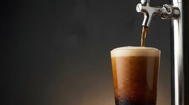 Nitro Cold Brew Coffee Pouring From Tap With Cascading Microfoam Layers In Glass