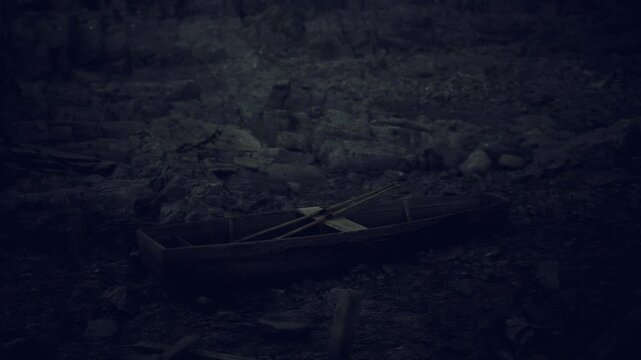 Derelict rowboat beached on pebble shore, oars tossed nearby and algae staining hull, still water laps at stern, cinematic shadow play suggests former voyage