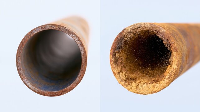 Rusted metal pipe cross section showing corrosion. Clean steel pipe versus plugged with rust and particles steel pipe. Clear opening
