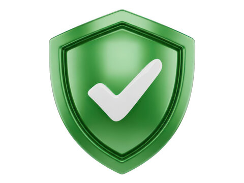 Green shield icon with a white check mark symbol for security isolated on transparent background