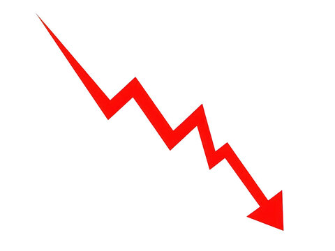 Red arrow pointing down showing a sharp decline or financial loss isolated on transparent background