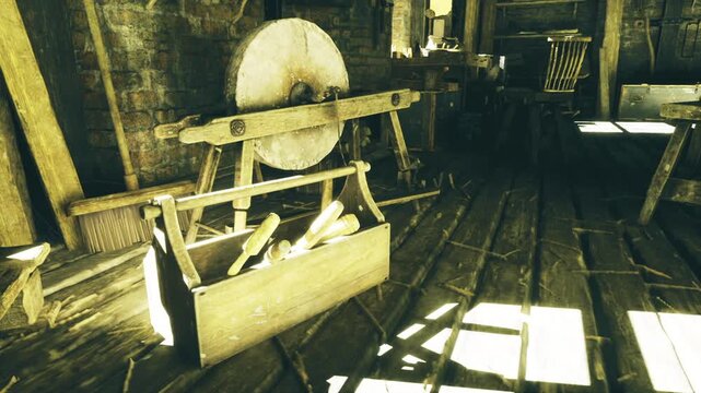 Golden hued saw and toolbox scene, blades and chisels highlighted by warm light, worn wooden floor, focused detail on tool edges and rustic joinery, atmosphere