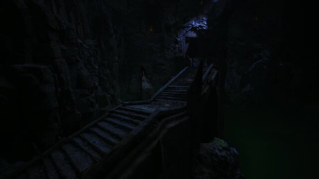 Moonlit stone bridge over cavern, quiet mosscoated steps and distant blue glow revealing ancient texture and dripping rock atmospheric scene invites explorer