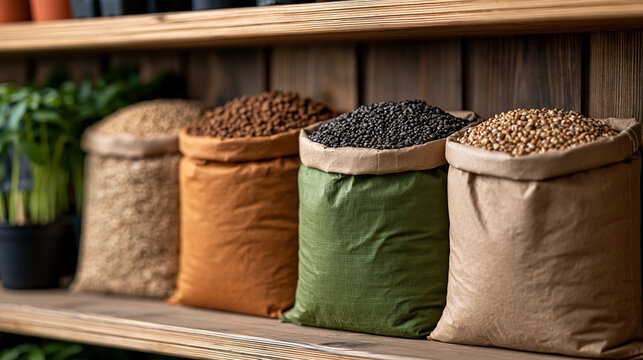 Natural grains, seeds, and pulses in a variety of bags are lining a rustic wooden shelf, showcasing sustainable agriculture, organic farming practices, and healthy plant based food options