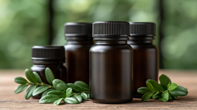 Brown glass bottles with black caps and green leaves standing on a wooden surface, representing natural medicine, herbal supplements, essential oils, and organic healthcare products