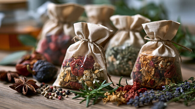 Herbal teas, dried flowers, and aromatic spices creating natural potpourri in small linen bags, representing wellness, aromatherapy, and organic holistic medicine