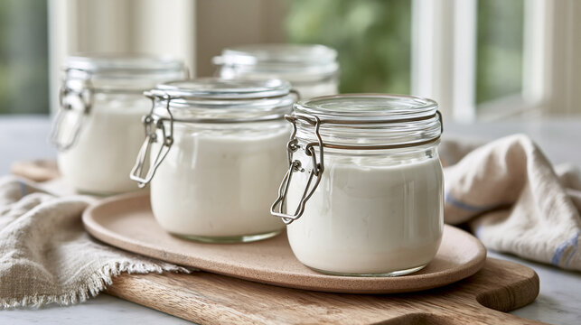 Fresh homemade yogurt in glass jars, offering a healthy and probiotic rich breakfast or snack option, symbolizing nutrition, natural ingredients, and a wholesome lifestyle