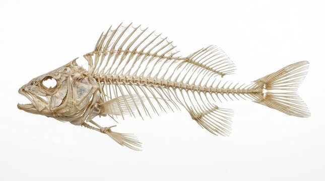 complete fish skeleton isolated on white background showcasing detailed anatomy