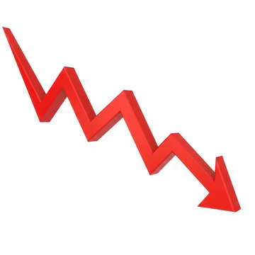 Red zigzag arrow pointing down representing a decline or financial loss isolated on transparent background