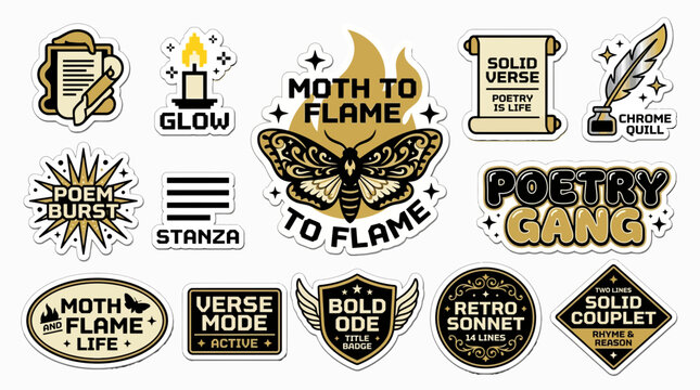 Moth to Flame Poetry Sticker Pack Y2K Aesthetic Vector Set with Vintage Literature Quotes and Mystical Symbols