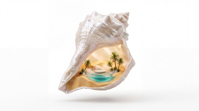 Surreal seashell tropical oasis, miniature beach landscape inside white conch shell, exotic summer vacation concept isolated PNG with Transparent Background