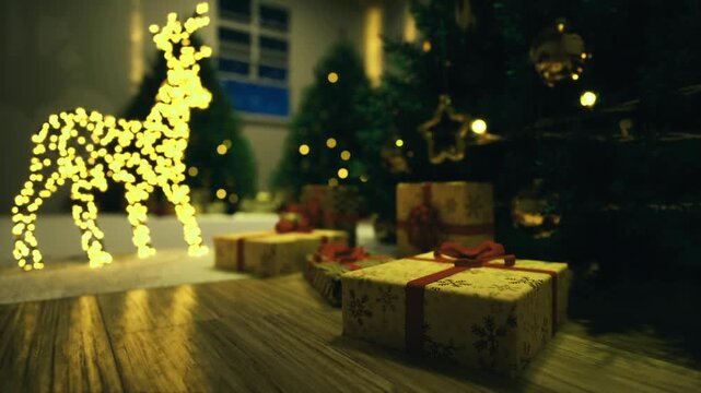 Glowing deer and stacked gifts evoke childhood wonder, soft light reflections on floor, classic ornaments and homemade wrapping, sentimental atmosphere