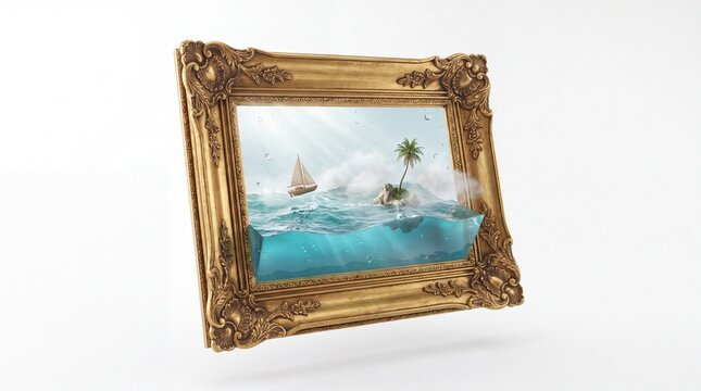Ornate gold picture frame with surreal ocean landscape, vintage gilded frame featuring tropical island and sailboat, classic art frame isolated PNG with Transparent Background