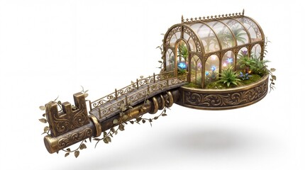 Obraz premium Steampunk skeleton key with miniature greenhouse, ornate brass fantasy key holding a glass conservatory, magical botanical garden key isolated PNG with Transparent Background
