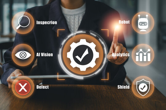 AI quality control concept with automated inspection, defect detection, machine vision and production monitoring for smart manufacturing and industrial automation.
