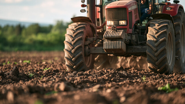 Red tractor working on a farm field, plowing rich soil under a bright sky, symbolizing agricultural progress, food production, and rural development, copy space