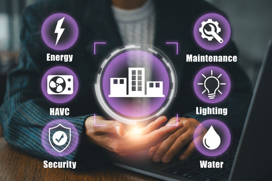 Smart facility management concept with connected building, energy, HVAC, maintenance, security and IoT technology for efficient building operations.