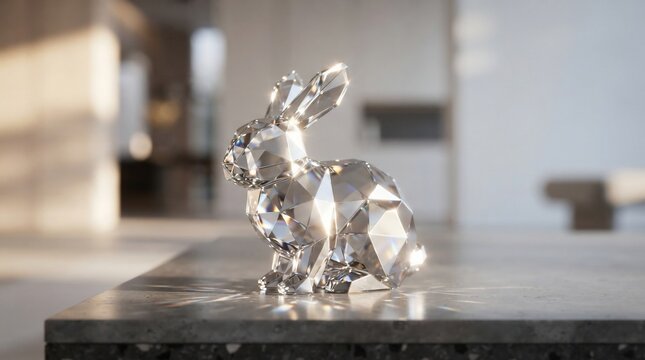 Geometric crystal bunny sculpture on textured surface in soft light