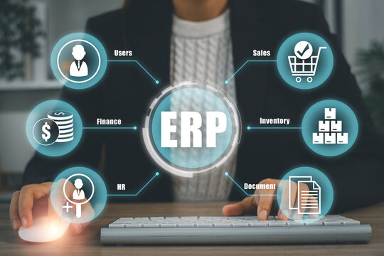 ERP enterprise resource planning concept connecting finance, sales, HR, inventory, procurement and business operations through integrated digital technology.