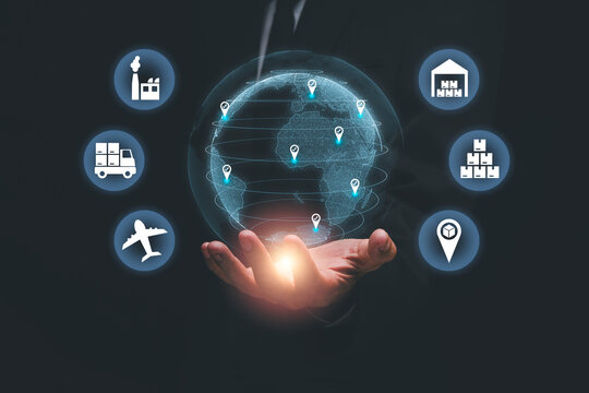 AI supply chain visibility concept with global logistics network, shipment tracking, warehouse, delivery and real time business monitoring technology.