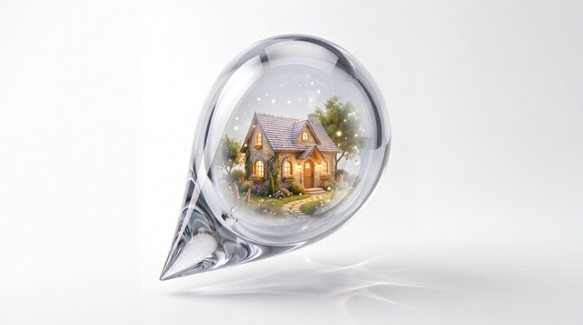 Glass water drop containing a cozy miniature house, crystal location pin with cottage, real estate and home security concept isolated PNG with Transparent Background