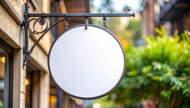 Blank Round Hanging Signboard Mockup with Black Metal Bracket Outside Shop for Logo and Branding Display