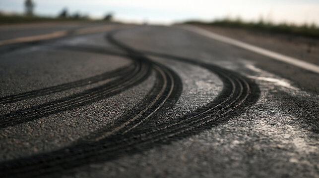 Tire marks on asphalt road showing braking and rapid acceleration, indicating speed, danger, and a sudden stop or loss of control while driving, copy space
