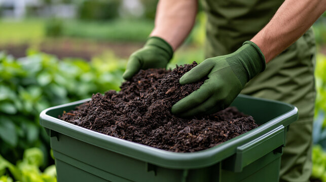 Gardener wearing gloves handling rich organic compost in a green container, preparing nutrient dense soil for sustainable planting and healthy garden growth