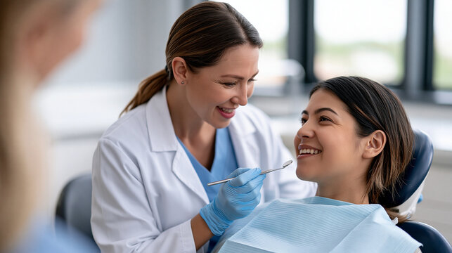 Female dentist checking a happy woman patient's teeth during a dental examination, promoting good oral hygiene and preventative healthcare in a clinic setting