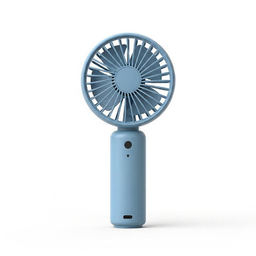 Portable handheld electric fan in light blue color isolated on white background