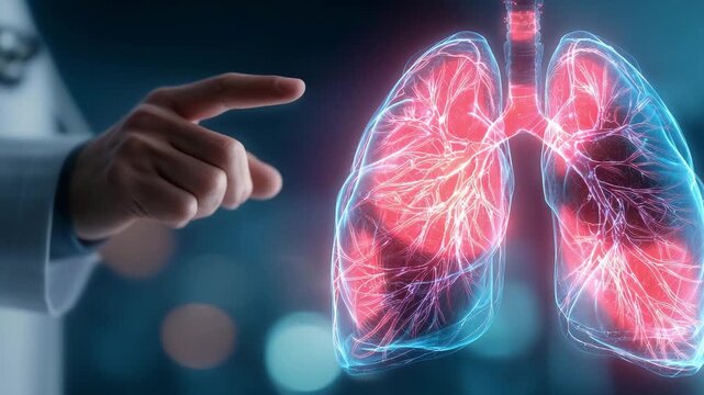 A doctor points at a digital representation of lungs highlighting internal structures in a laboratory setting during nighttime