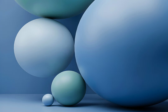 Simple composition of blue round objects on a blue background with three dimensional abstract geometric minimalism background gradient composition decoration structure