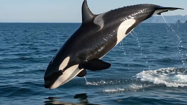 A majestic killer whale breaching out of the deep blue ocean water on a sunny day in the wild