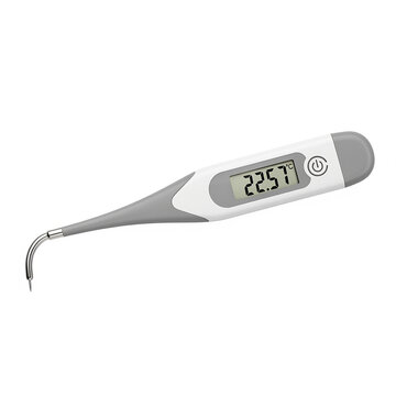 Digital thermometer with a bent metal probe for precise temperature measurement isolated on white background