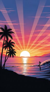 夕陽と波乗り