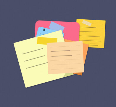 A collection of colorful sticky notes and paper memos arranged in a messy pile on a dark background