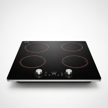 Modern electric induction cooktop with four burners and touch control panel isolated on white background