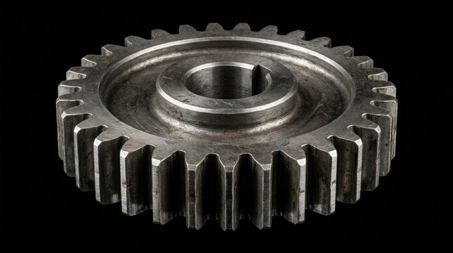 steel industrial spur gear isolated on solid dark black background