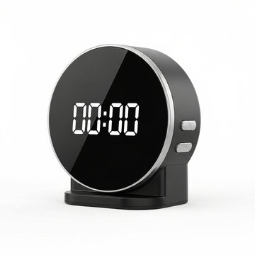 Modern round digital alarm clock with black display and silver trim isolated on white background