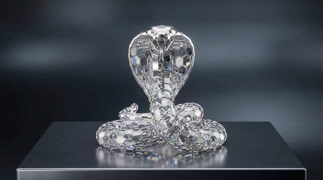 Sparkling crystal cobra figurine on reflective surface