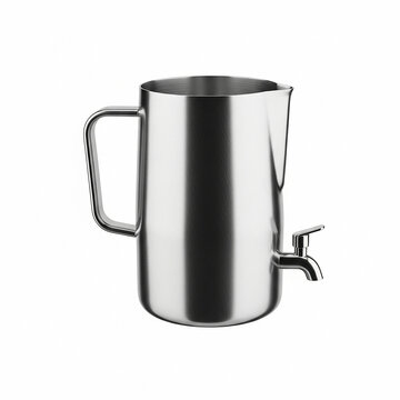 Stainless steel pitcher with a tap, isolated on white background