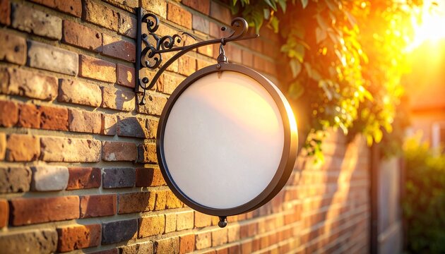 Close-Up Blank Round Hanging Light Signboard Mockup Attached to Red Brick Wall for Shop Logo Display