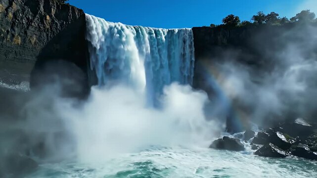 Wide view of large waterfall with mist rainbow.