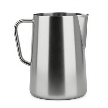 Stainless steel milk frothing pitcher for coffee and latte art isolated on white background