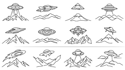 UFOs Over Mountains Collection - Alien Spaceships & Extraterrestrial Flying Objects Icon Set © Qita